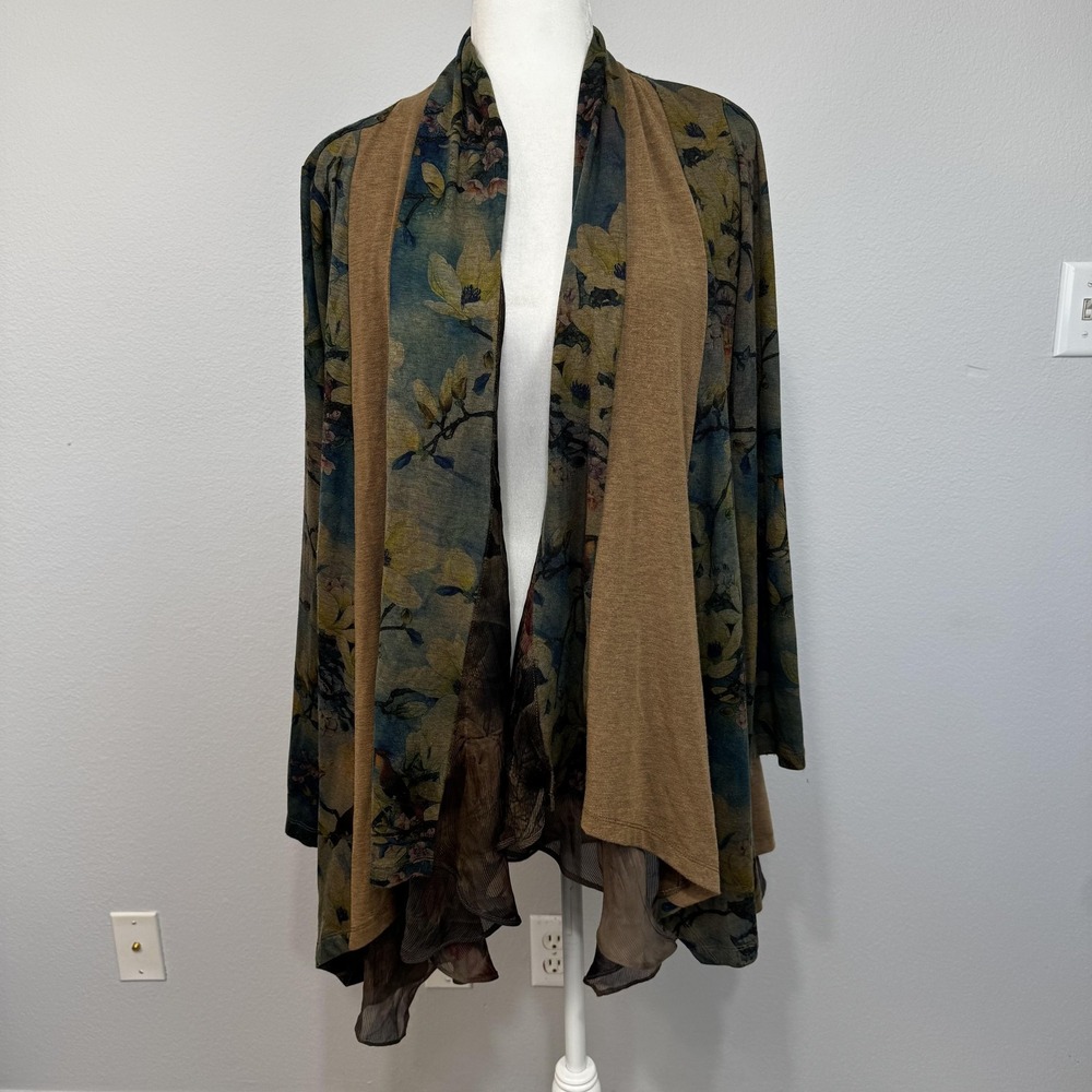 Soft Surroundings Cardigan Womens Medium‎ Brown Floral Open Front Drape 2BZ08